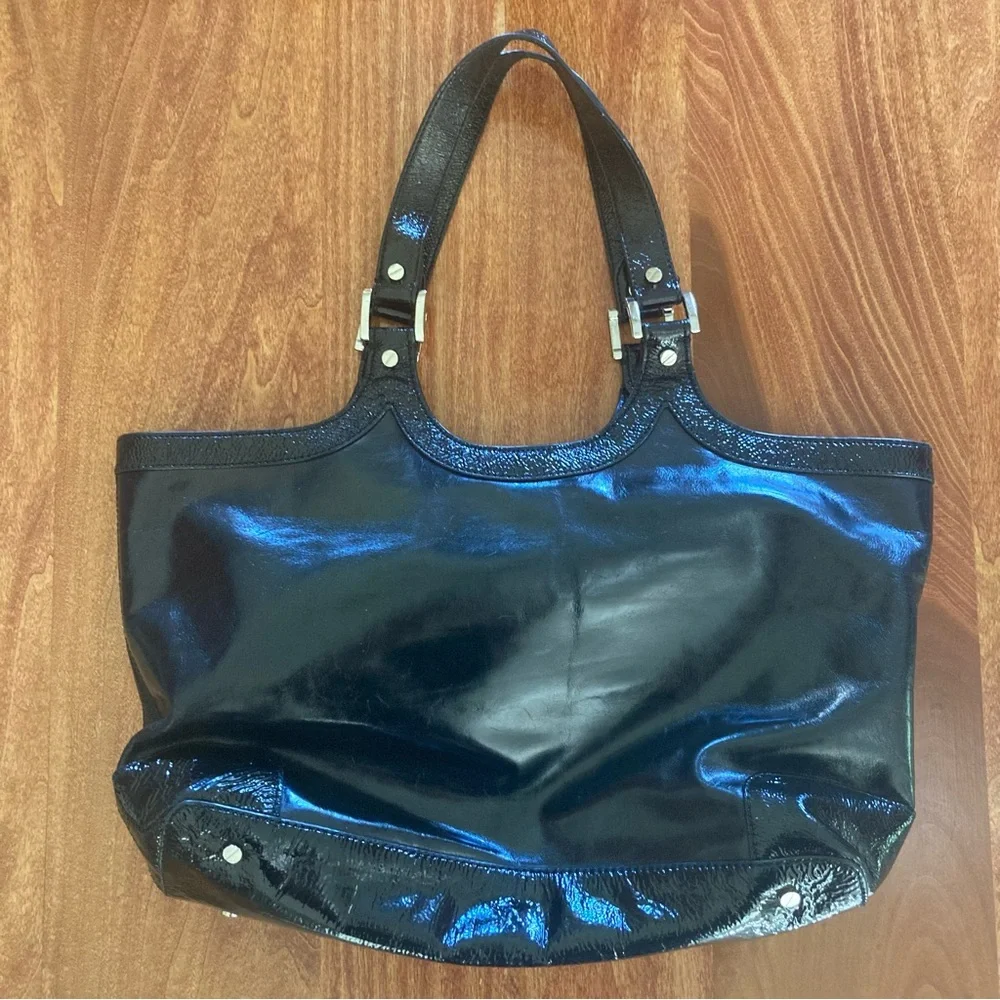 Tory Burch Bombe Tote Black Crackle Leather XL Logo Embossed Silver Satchel - Picture 7 of 14